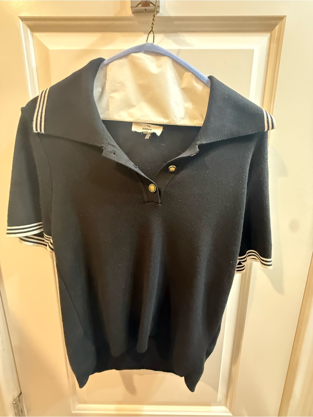 entro Black Knit Sailor-Collar Polo with White Trim